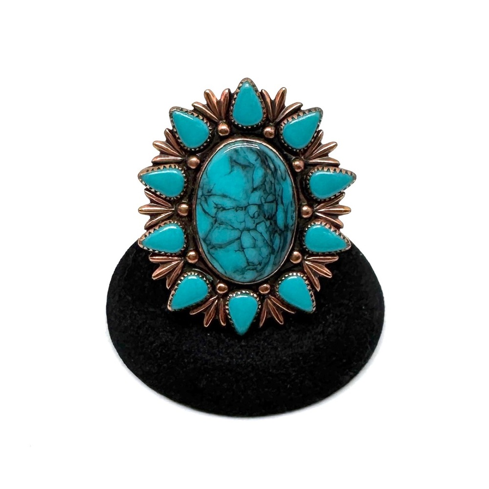 Vintage Copper and Faux Turquoise Brooch Sun Bell Pin